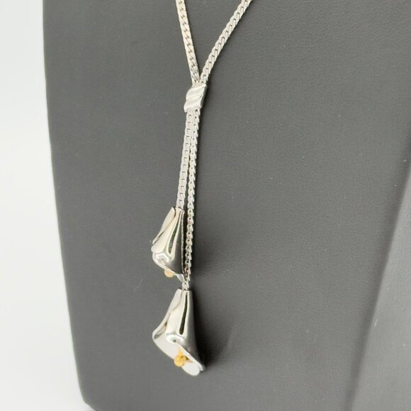 Vintage Avon Silver Tone Lariat Tassel Necklace Lily Flower - Picture 4 of 11